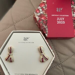 BP Gold and Red Bow Earrings with Sparkling Accents